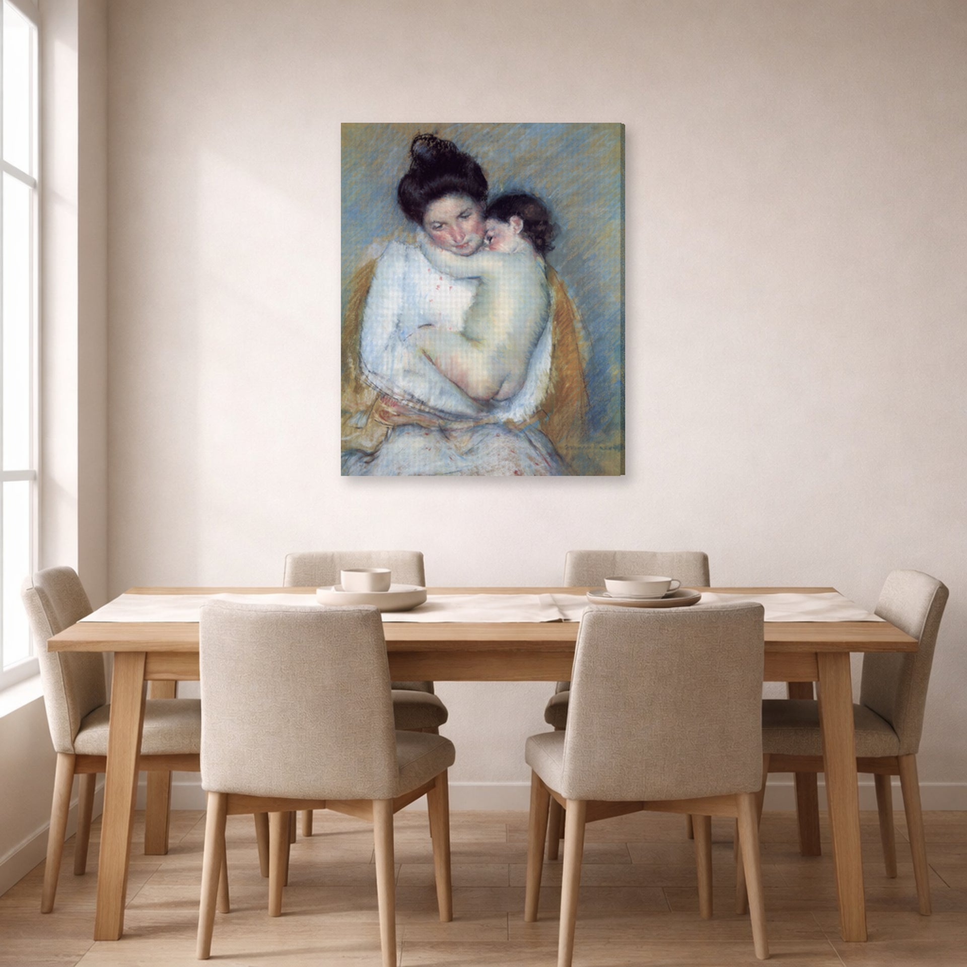 Gallery-wrapped canvas print of Mary Cassatt's Mother and Child displayed on a wall in a dining room