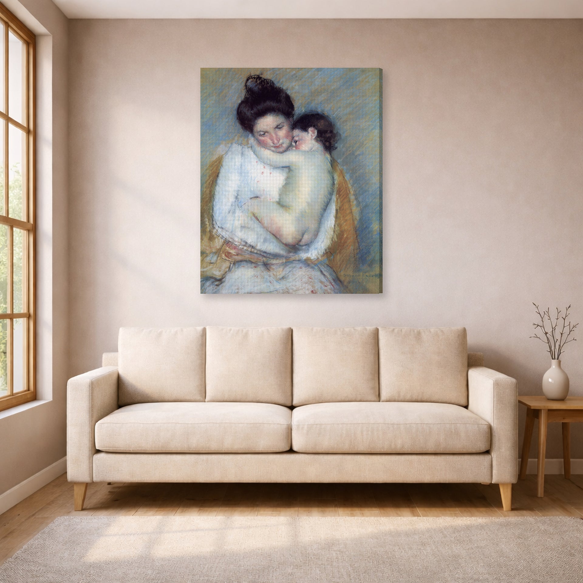 Gallery-wrapped canvas print of Mary Cassatt's Mother and Child displayed on a wall in a living room