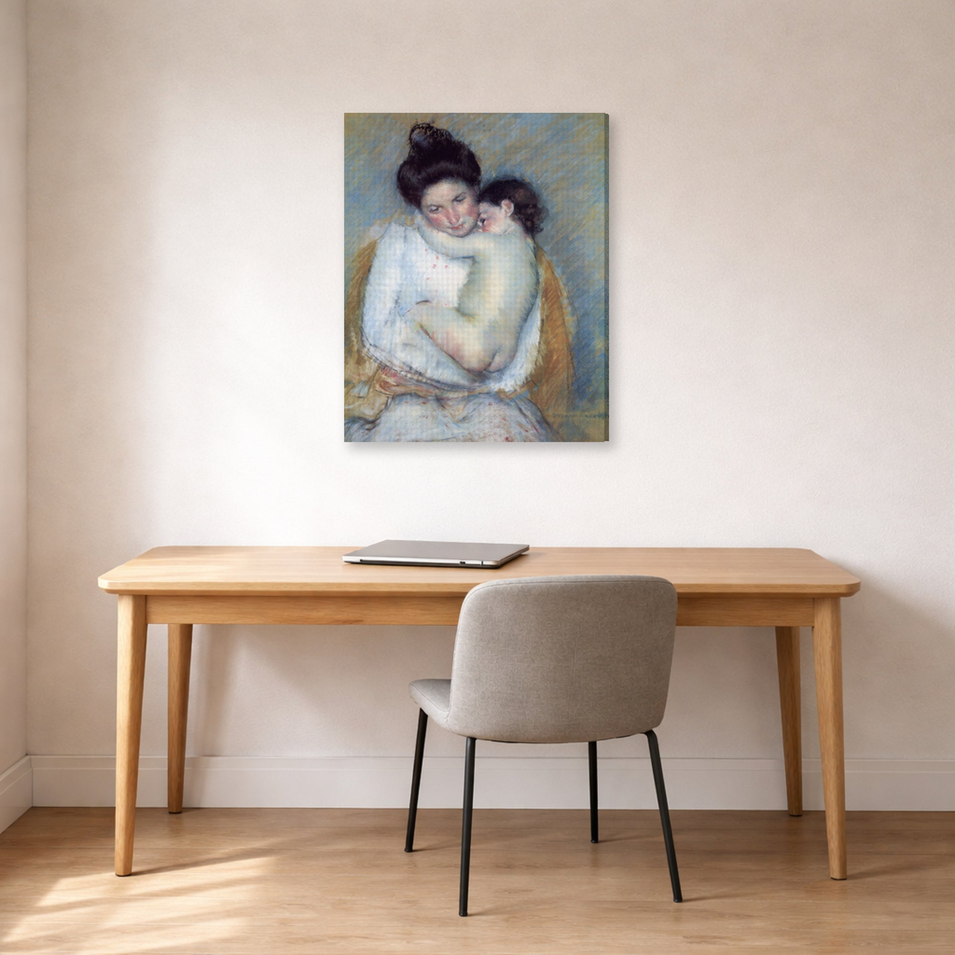 Gallery-wrapped canvas print of Mary Cassatt's Mother and Child displayed on a wall in a office