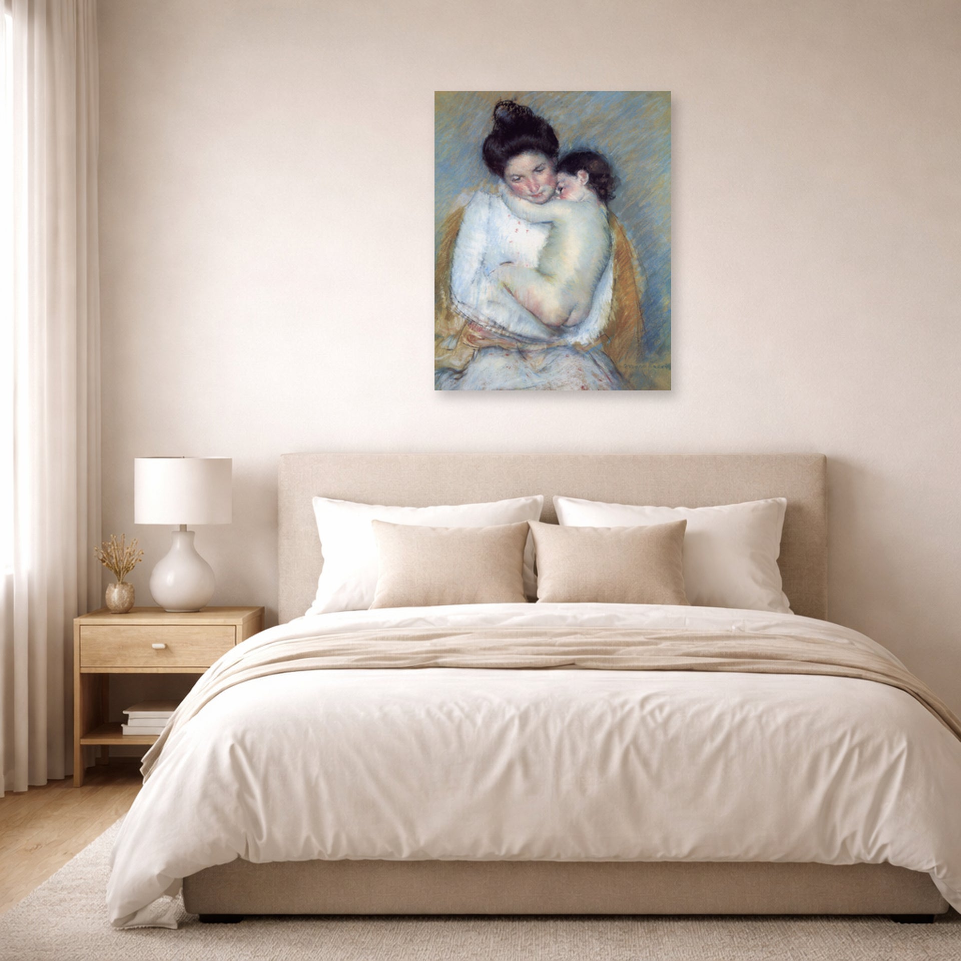 Unframed poster print of Mary Cassatt's Mother and Child displayed on a wall in a bedroom