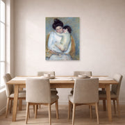 Unframed poster print of Mary Cassatt's Mother and Child displayed on a wall in a dining room