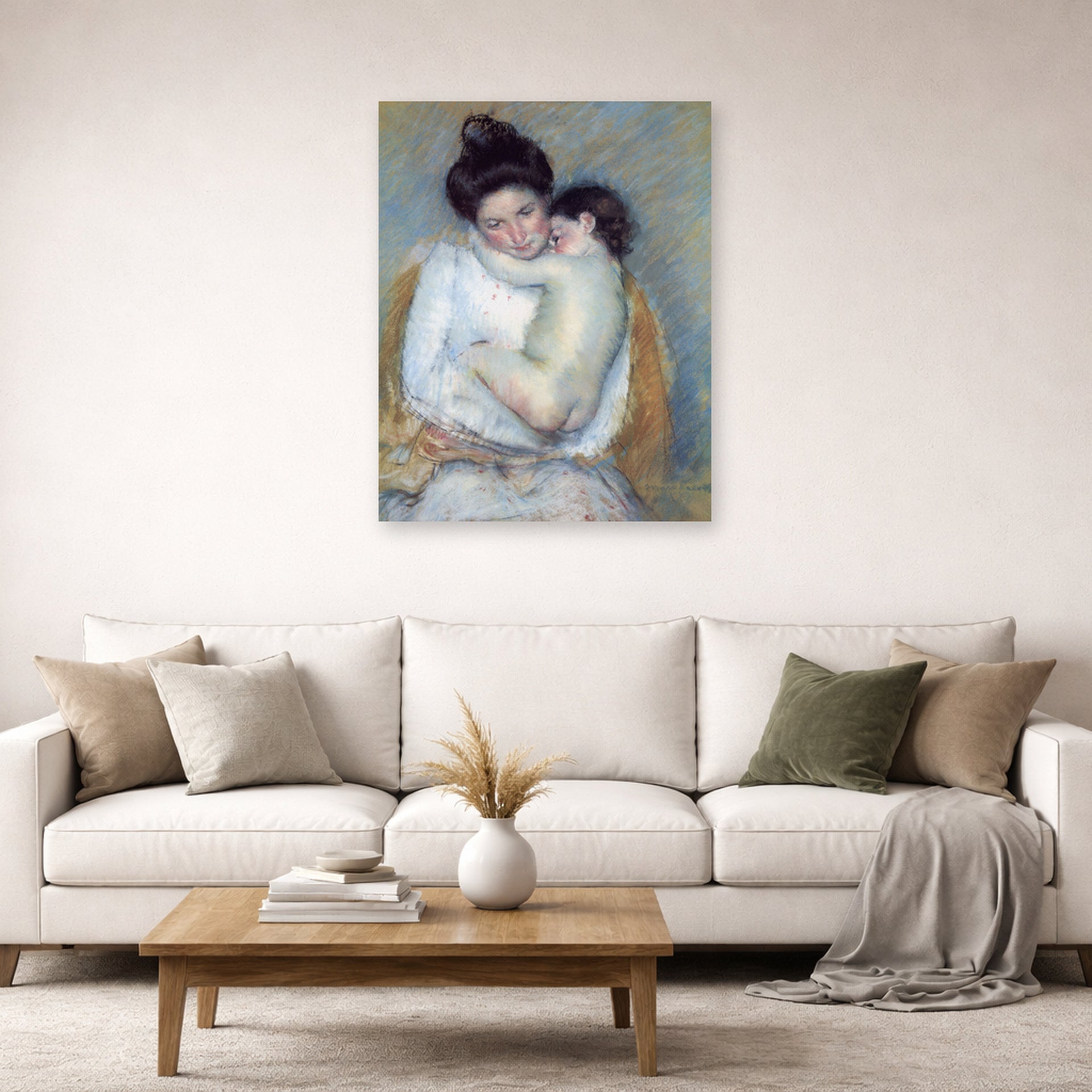 Unframed poster print of Mary Cassatt's Mother and Child displayed on a wall in a living room