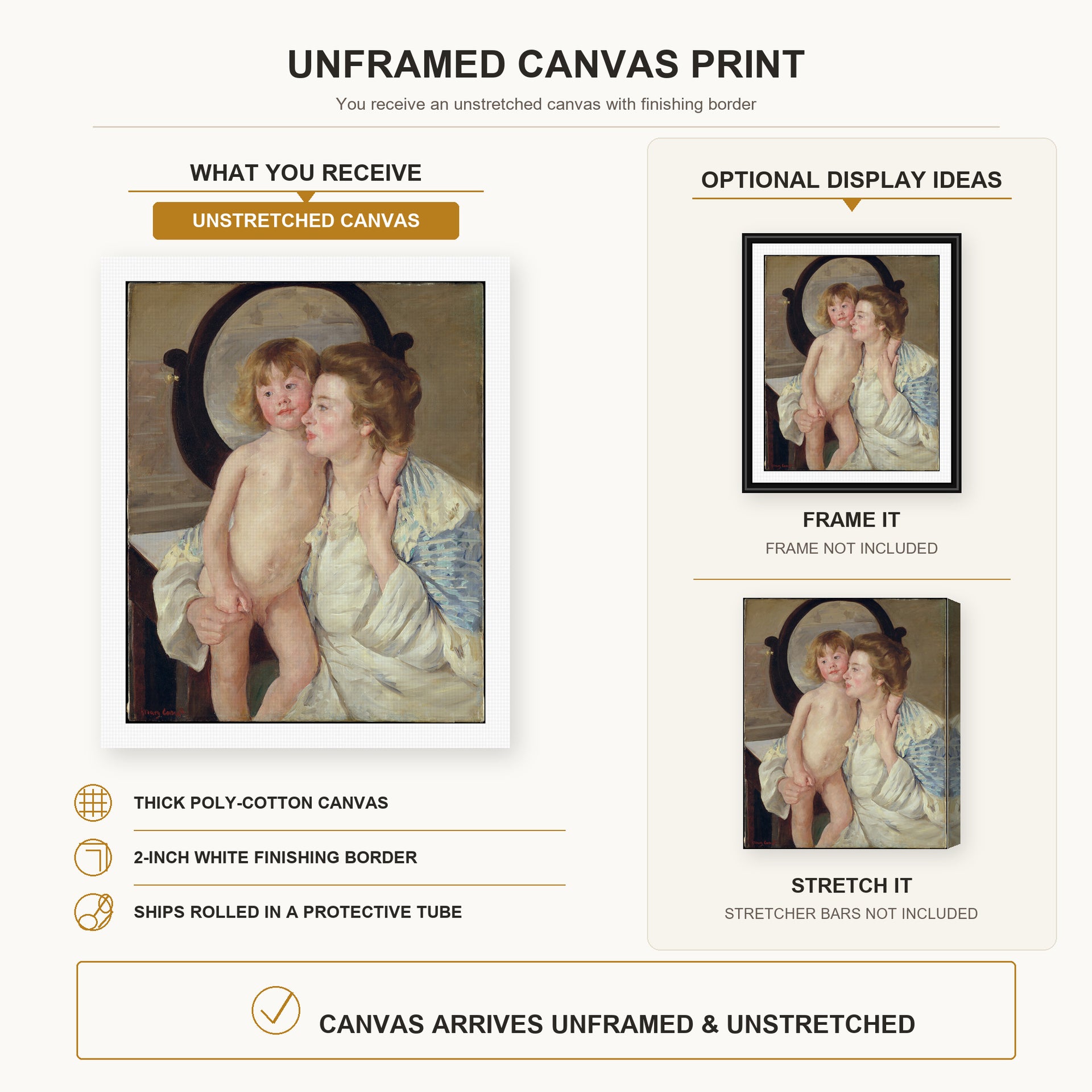 Mary Cassatt - Mother and Child (The Oval Mirror) canvas print size comparison and framing display infographic