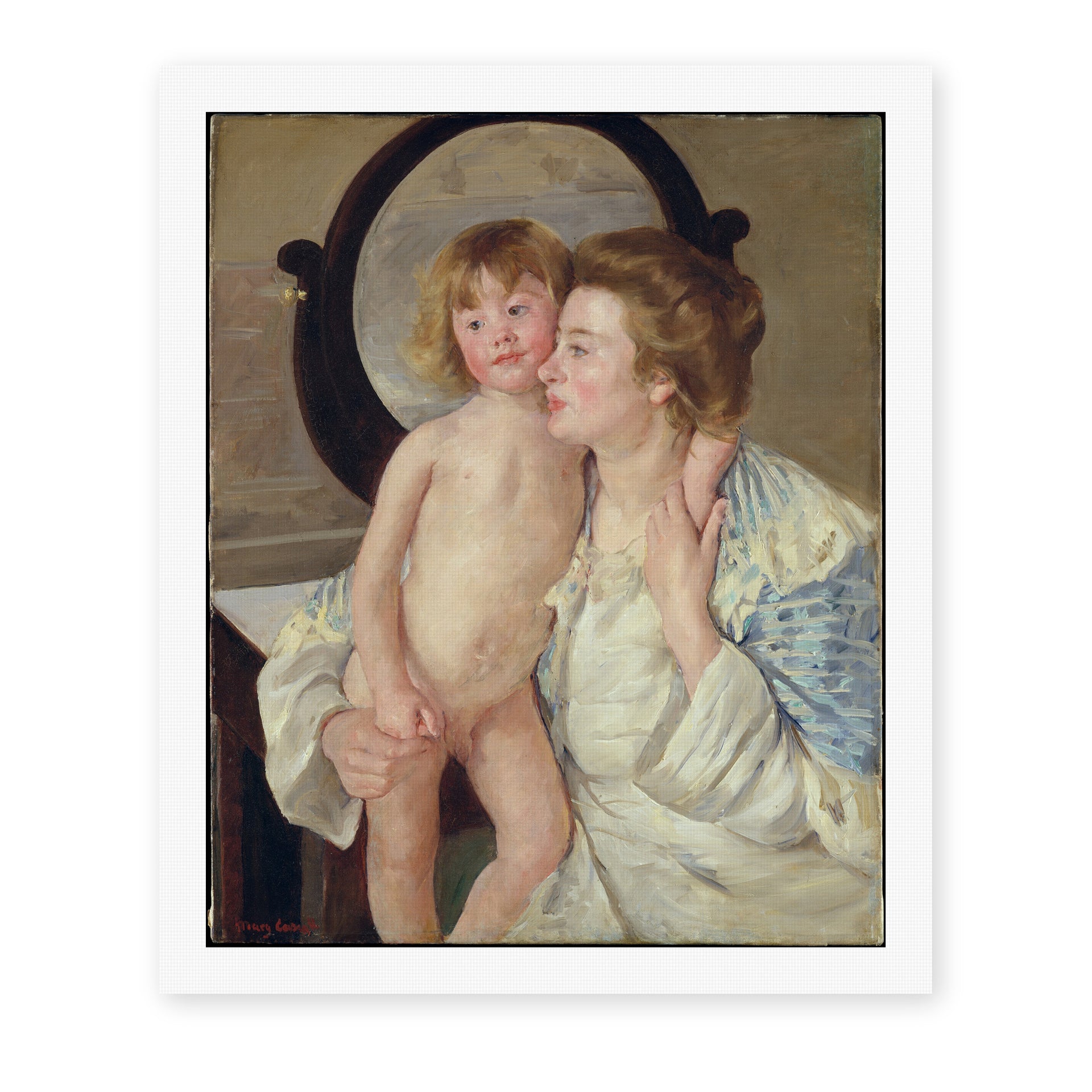 Mary Cassatt's 'Mother and Child (The Oval Mirror)' painting reproduced as a rolled canvas print