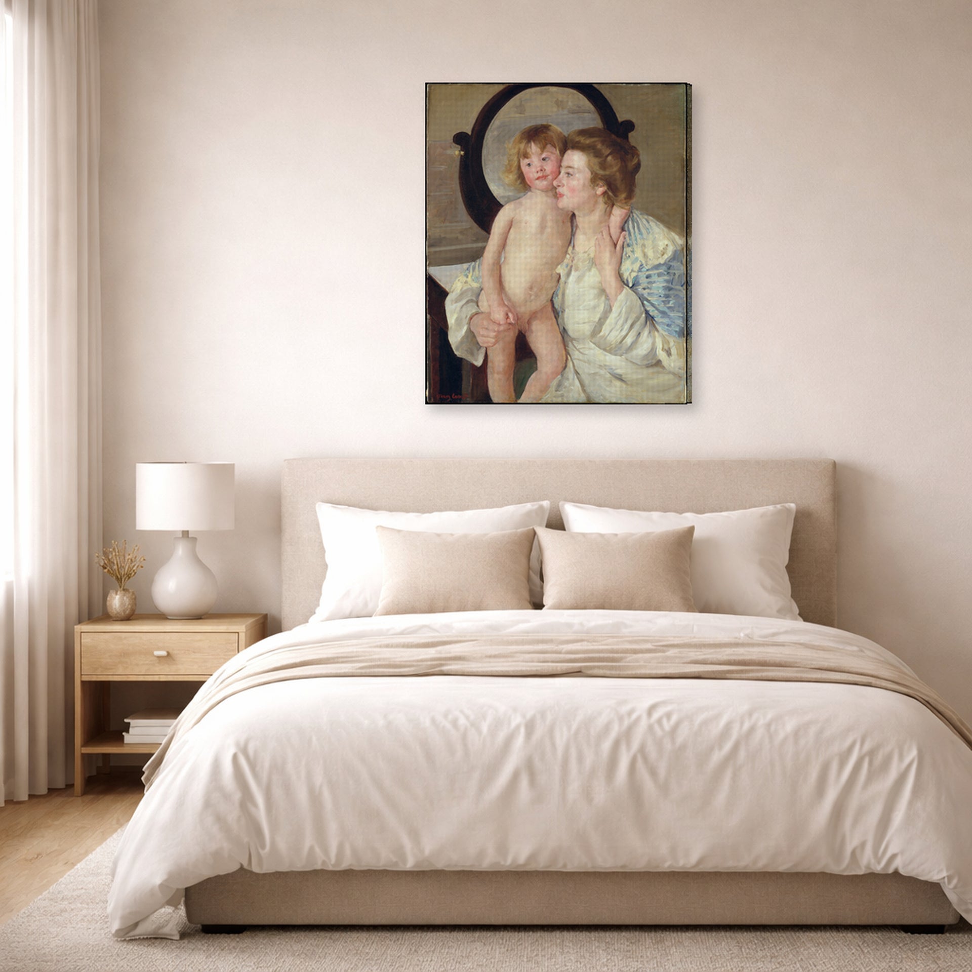 Gallery-wrapped canvas print of Mary Cassatt's Mother and Child (The Oval Mirror) displayed on a wall in a bedroom