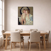 Gallery-wrapped canvas print of Mary Cassatt's Mother and Child (The Oval Mirror) displayed on a wall in a dining room