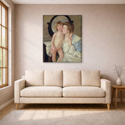 Gallery-wrapped canvas print of Mary Cassatt's Mother and Child (The Oval Mirror) displayed on a wall in a living room