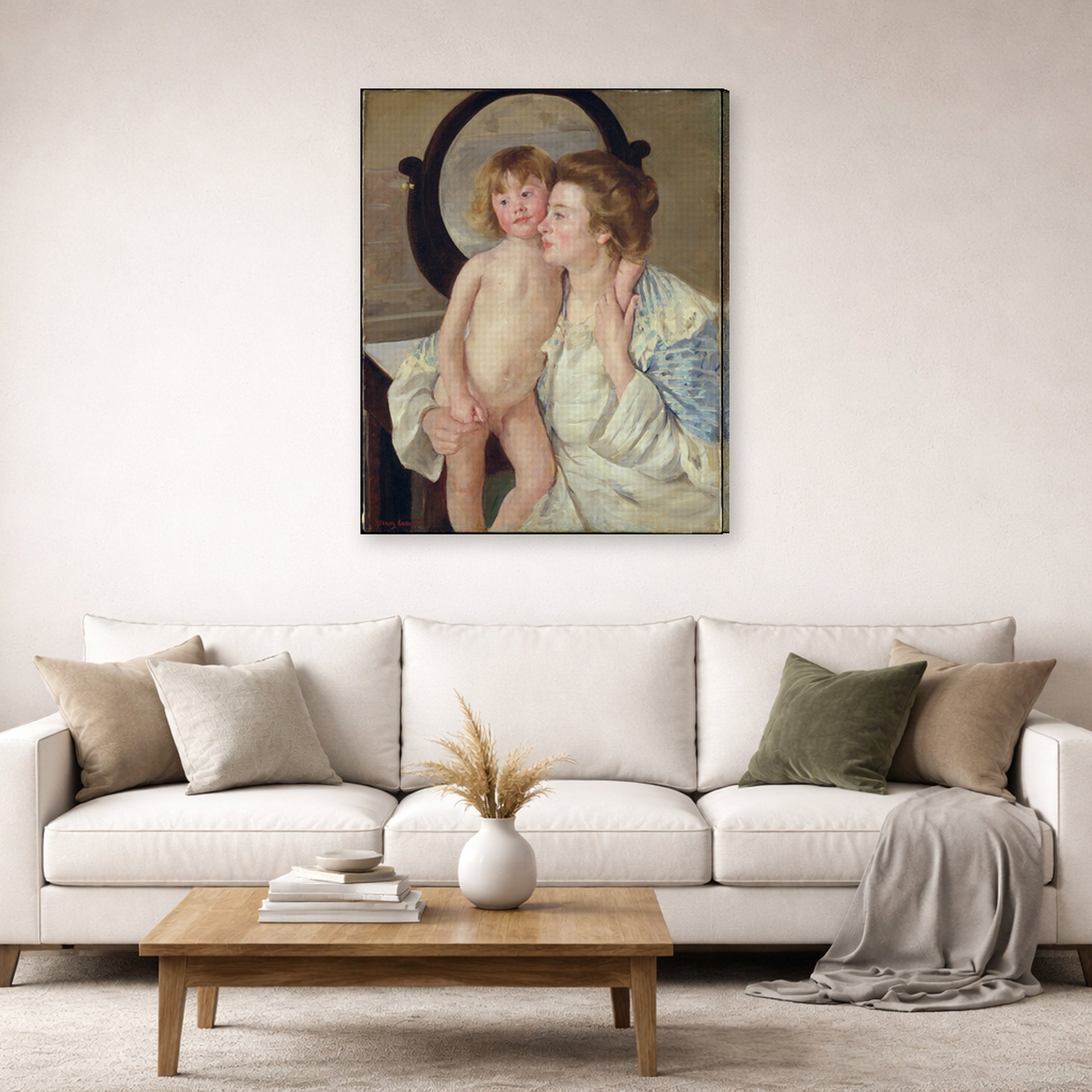 Gallery-wrapped canvas print of Mary Cassatt's Mother and Child (The Oval Mirror) displayed on a wall in a living room
