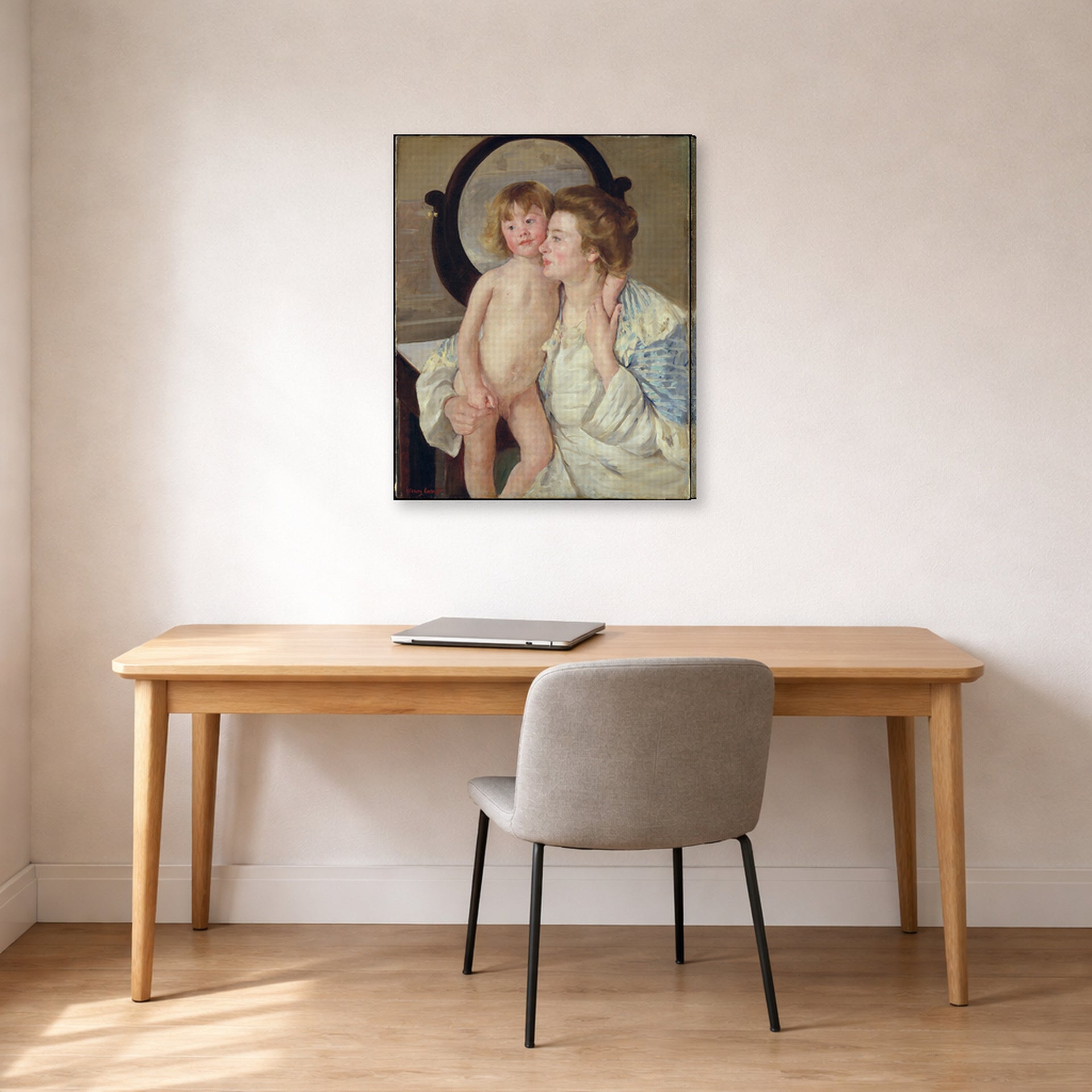 Gallery-wrapped canvas print of Mary Cassatt's Mother and Child (The Oval Mirror) displayed on a wall in a office