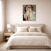 Unframed poster print of Mary Cassatt's Mother and Child (The Oval Mirror) displayed on a wall in a bedroom