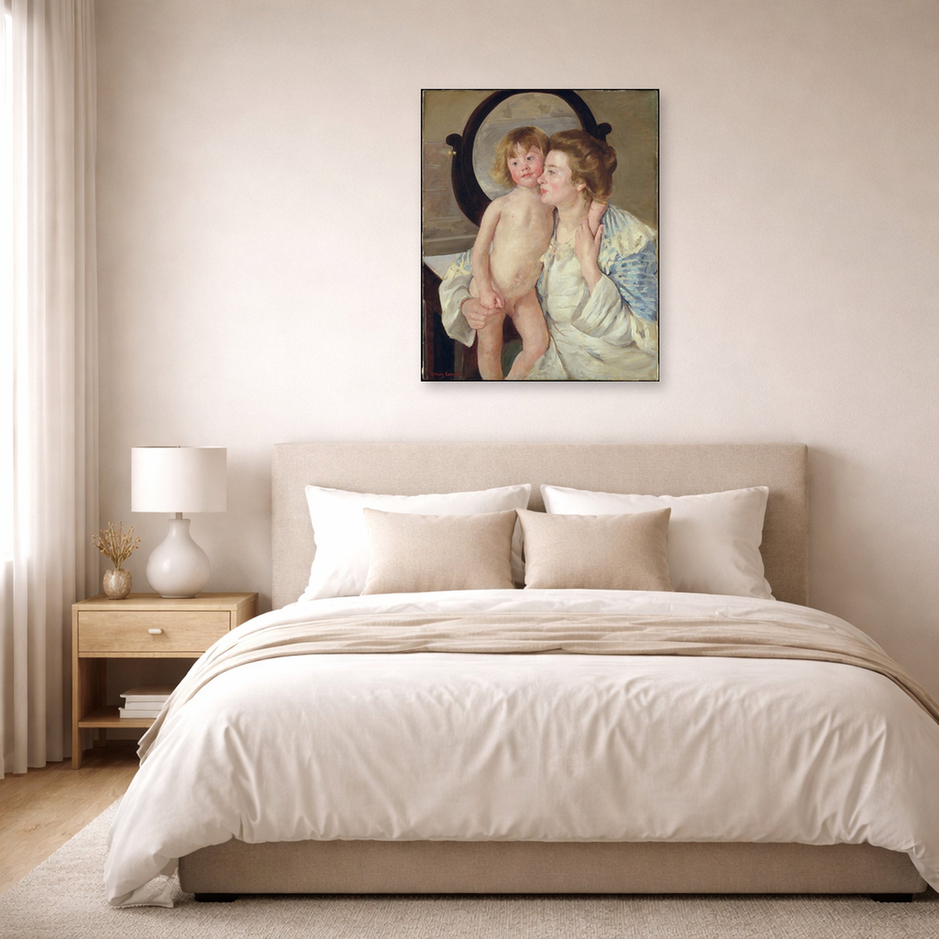 Unframed poster print of Mary Cassatt's Mother and Child (The Oval Mirror) displayed on a wall in a bedroom