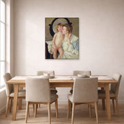Unframed poster print of Mary Cassatt's Mother and Child (The Oval Mirror) displayed on a wall in a dining room