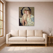 Unframed poster print of Mary Cassatt's Mother and Child (The Oval Mirror) displayed on a wall in a living room