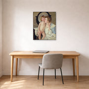 Unframed poster print of Mary Cassatt's Mother and Child (The Oval Mirror) displayed on a wall in a office