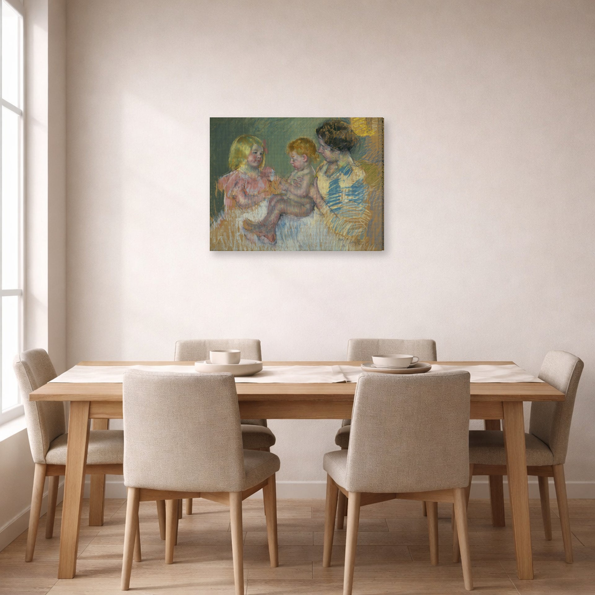 Gallery-wrapped canvas print of Mary Cassatt's Mother With Children displayed on a wall in a dining room