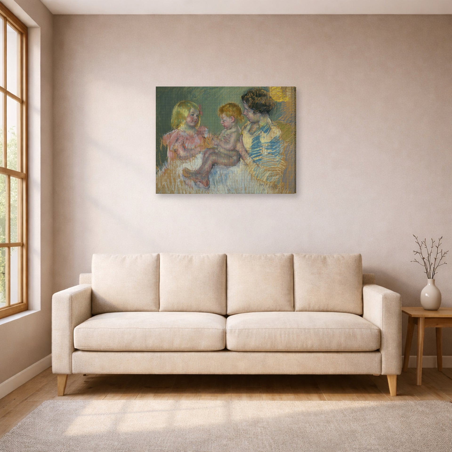 Gallery-wrapped canvas print of Mary Cassatt's Mother With Children displayed on a wall in a living room