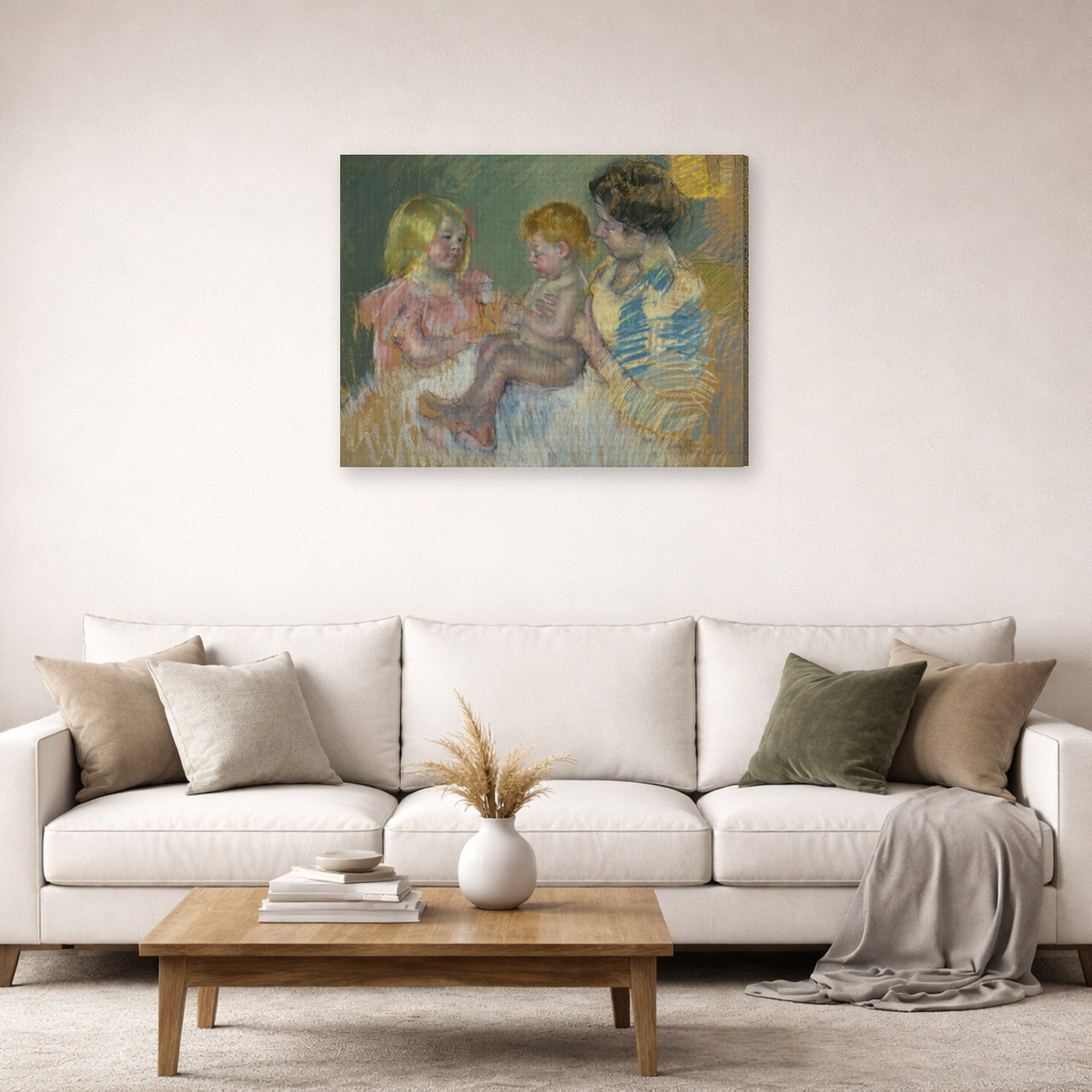 Gallery-wrapped canvas print of Mary Cassatt's Mother With Children displayed on a wall in a living room