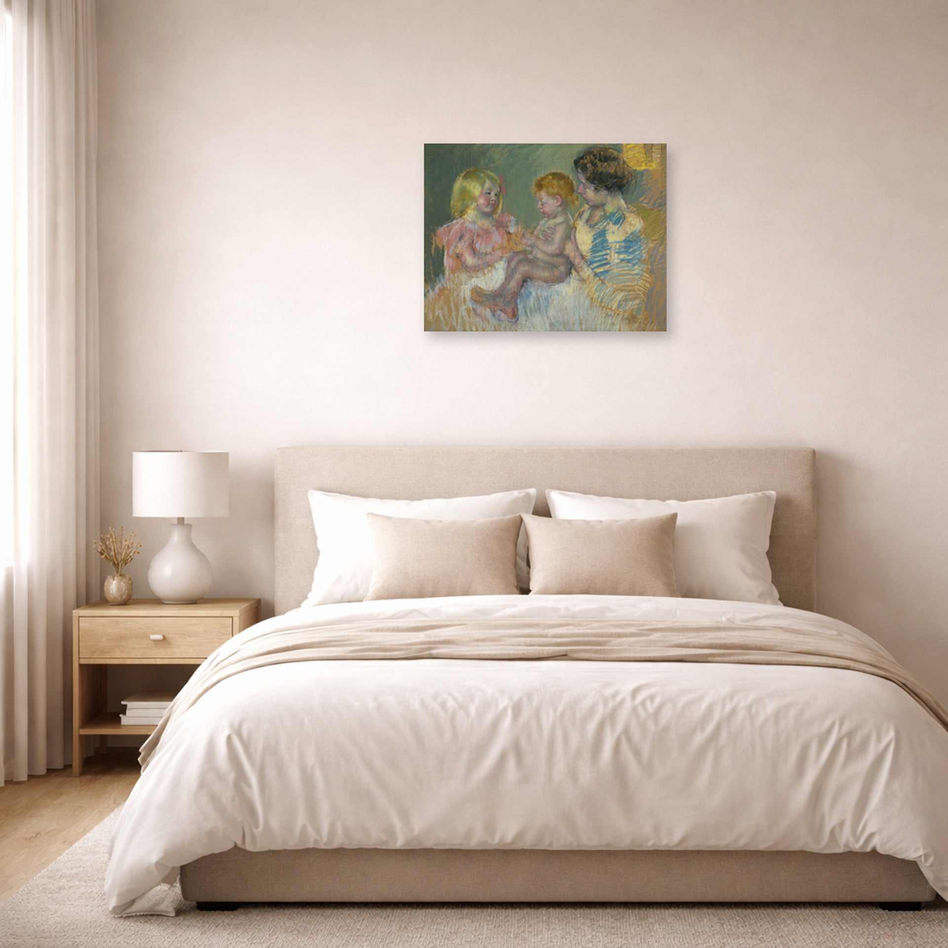 Unframed poster print of Mary Cassatt's Mother With Children displayed on a wall in a bedroom