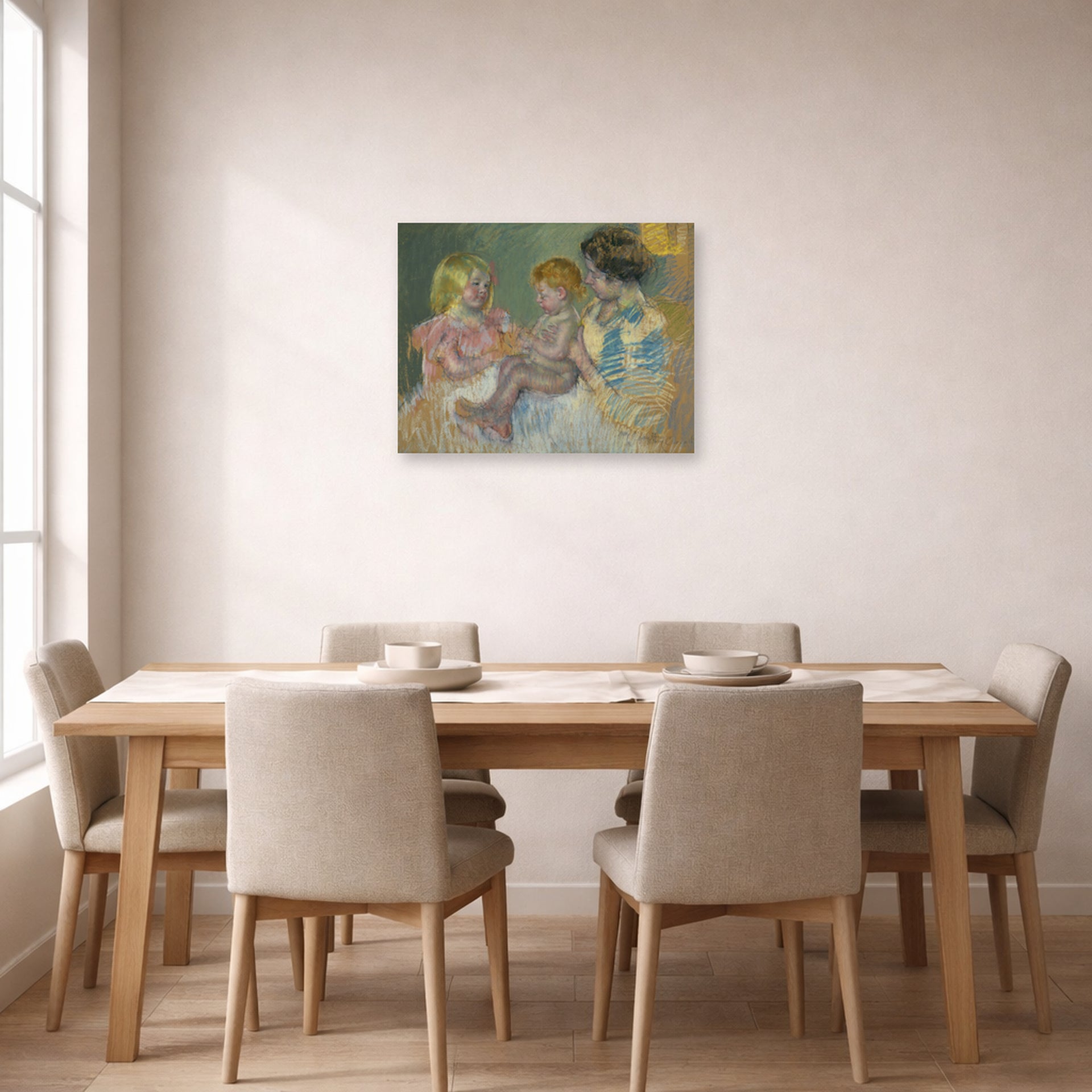 Unframed poster print of Mary Cassatt's Mother With Children displayed on a wall in a dining room
