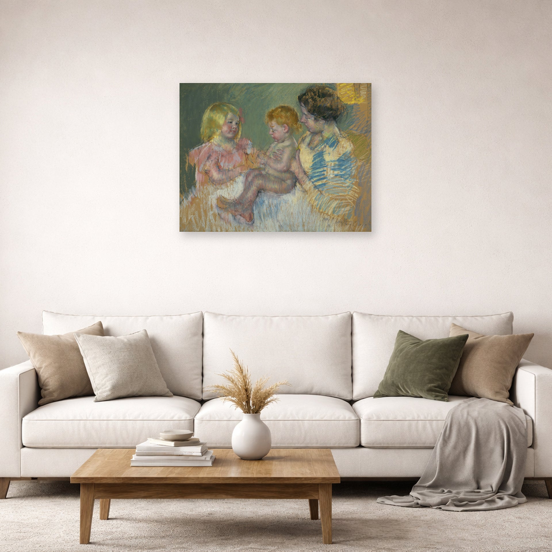 Unframed poster print of Mary Cassatt's Mother With Children displayed on a wall in a living room
