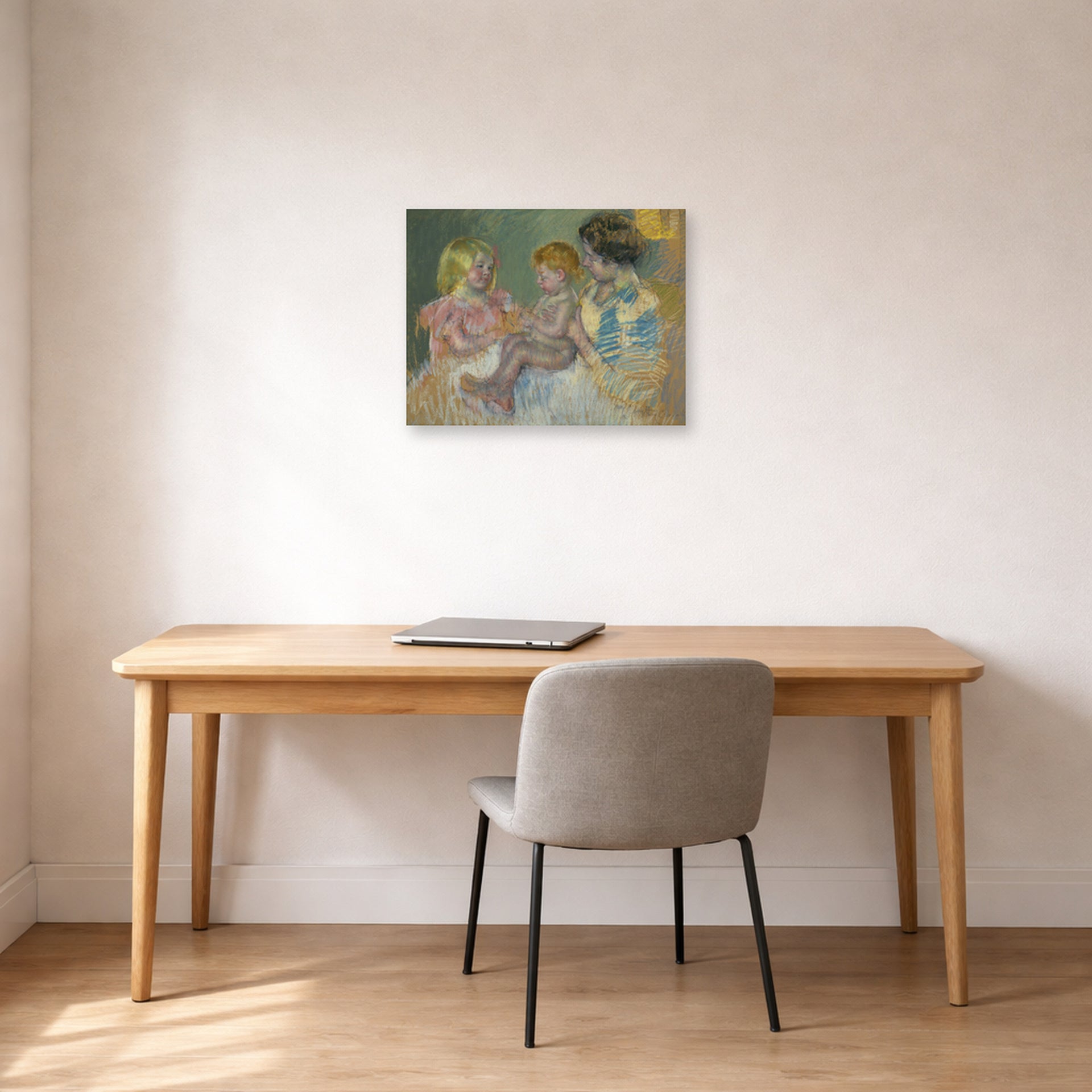 Unframed poster print of Mary Cassatt's Mother With Children displayed on a wall in a office