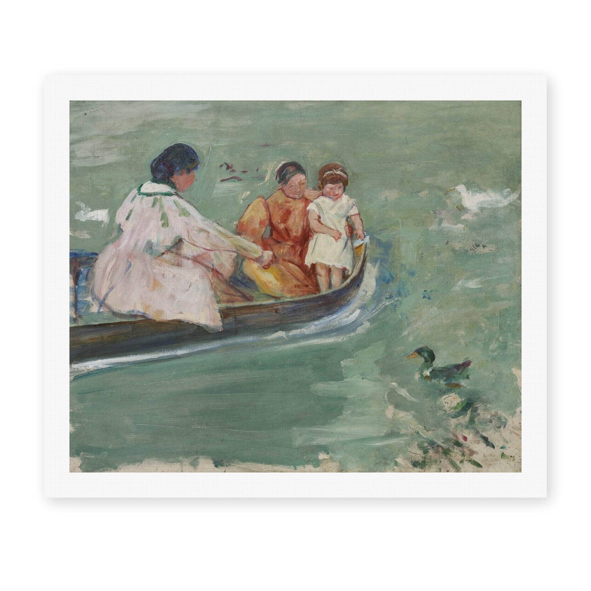Mary Cassatt's 'On the Water (Feeding The Ducks)' painting reproduced as a rolled canvas print
