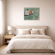 Gallery-wrapped canvas print of Mary Cassatt's On the Water (Feeding The Ducks) displayed on a wall in a bedroom