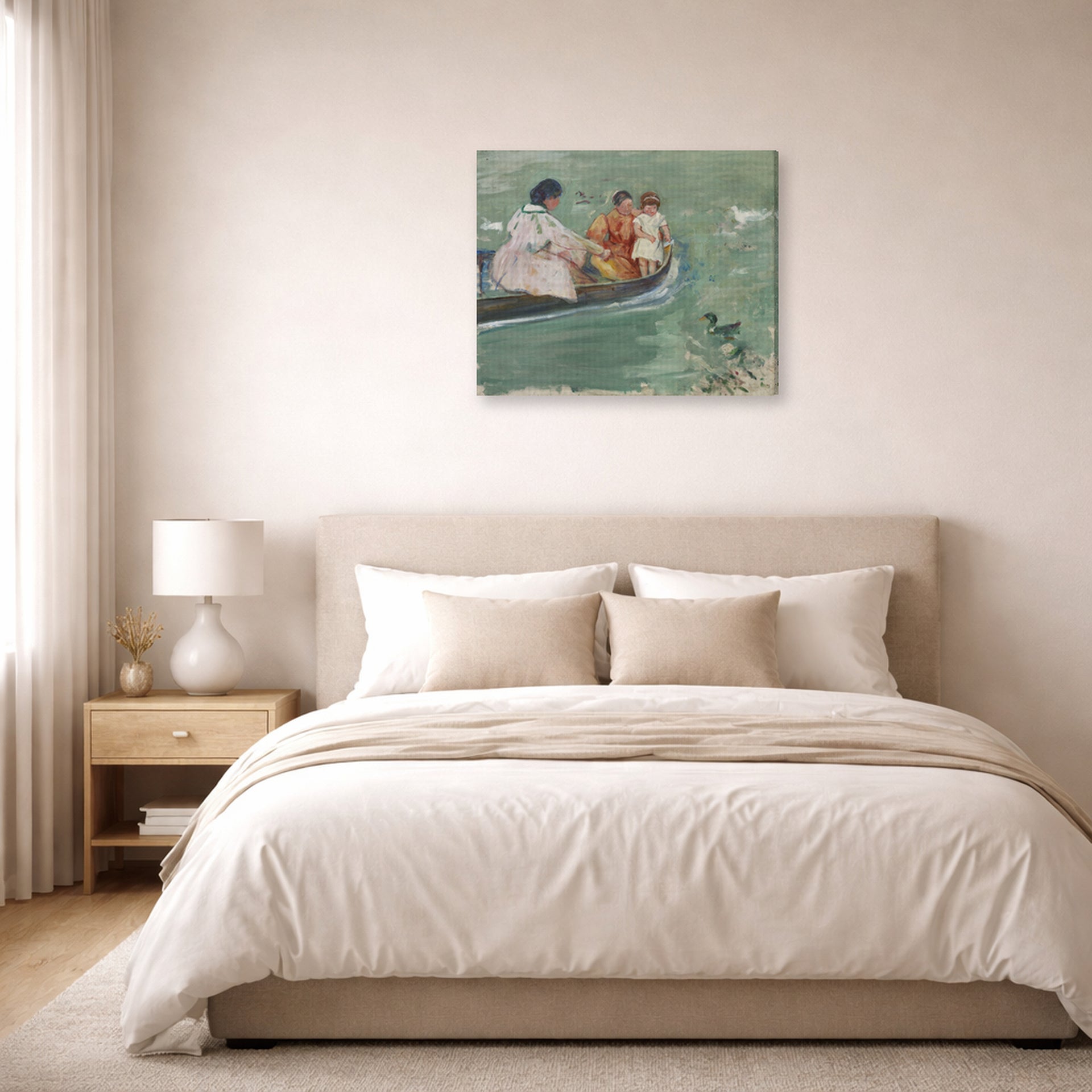 Gallery-wrapped canvas print of Mary Cassatt's On the Water (Feeding The Ducks) displayed on a wall in a bedroom