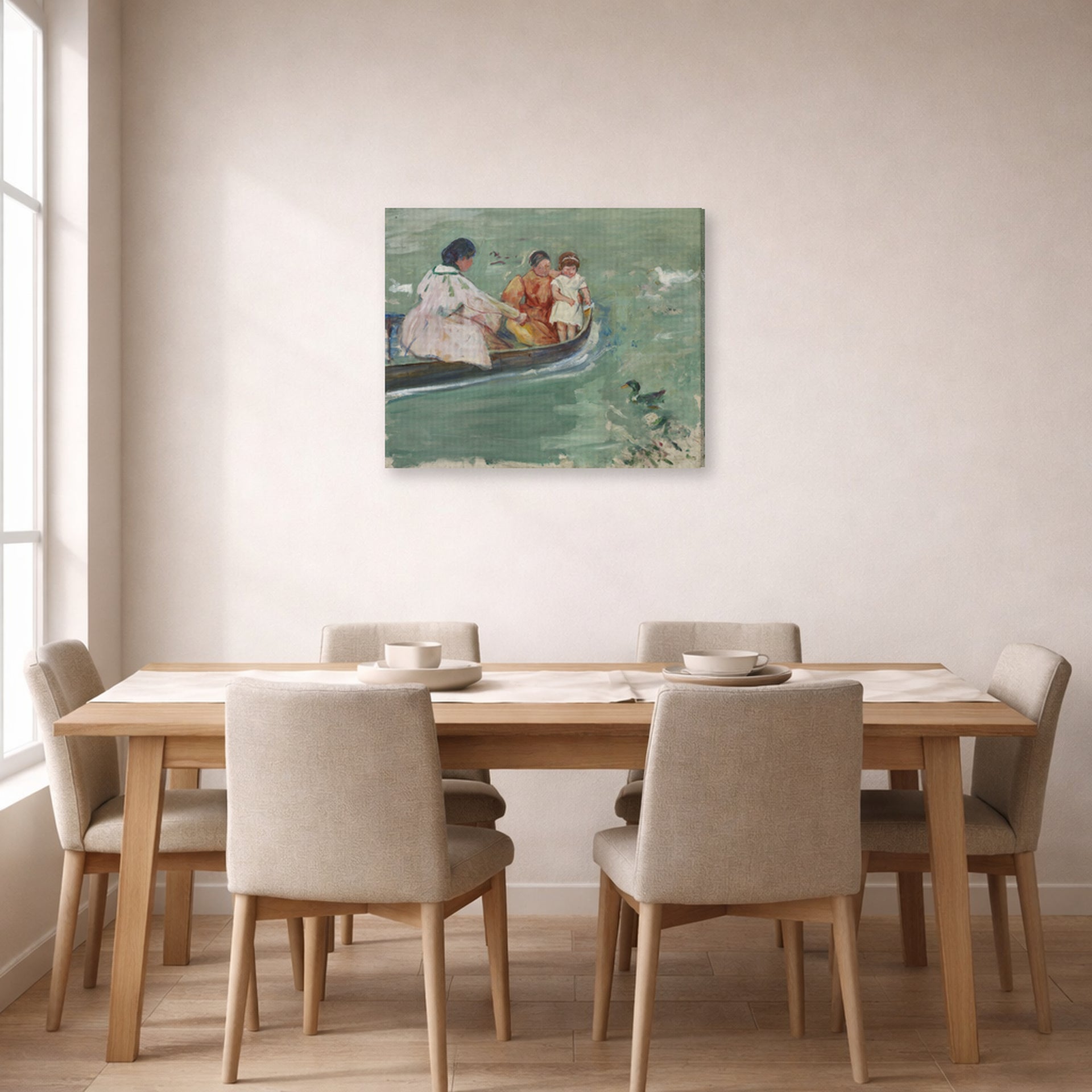 Gallery-wrapped canvas print of Mary Cassatt's On the Water (Feeding The Ducks) displayed on a wall in a dining room