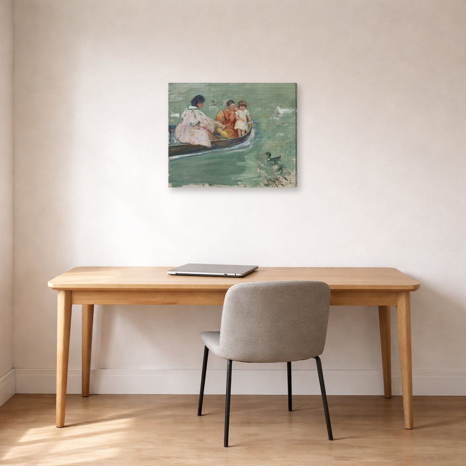 Gallery-wrapped canvas print of Mary Cassatt's On the Water (Feeding The Ducks) displayed on a wall in a office