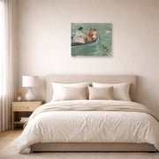 Unframed poster print of Mary Cassatt's On the Water (Feeding The Ducks) displayed on a wall in a bedroom