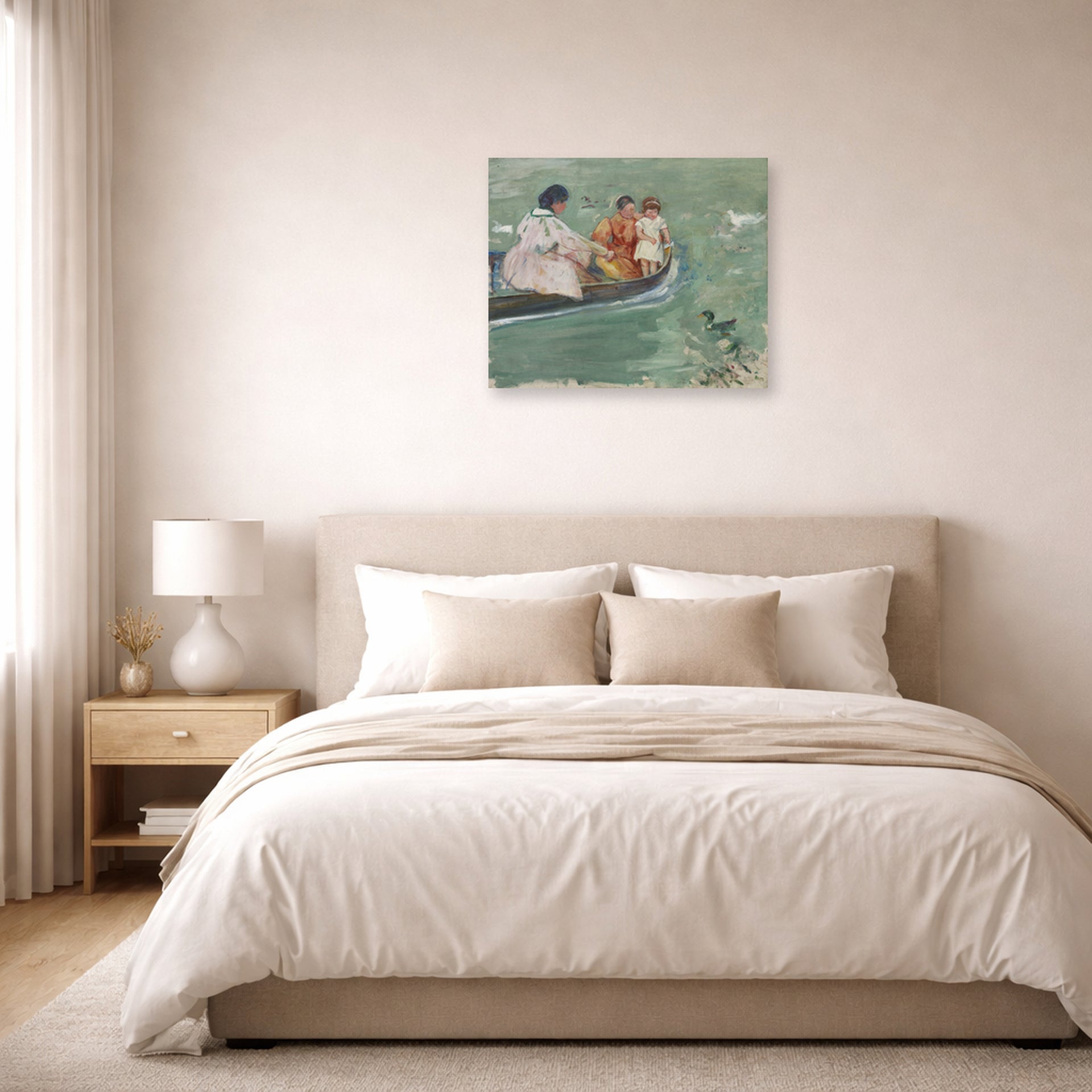 Unframed poster print of Mary Cassatt's On the Water (Feeding The Ducks) displayed on a wall in a bedroom