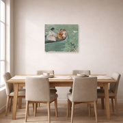 Unframed poster print of Mary Cassatt's On the Water (Feeding The Ducks) displayed on a wall in a dining room