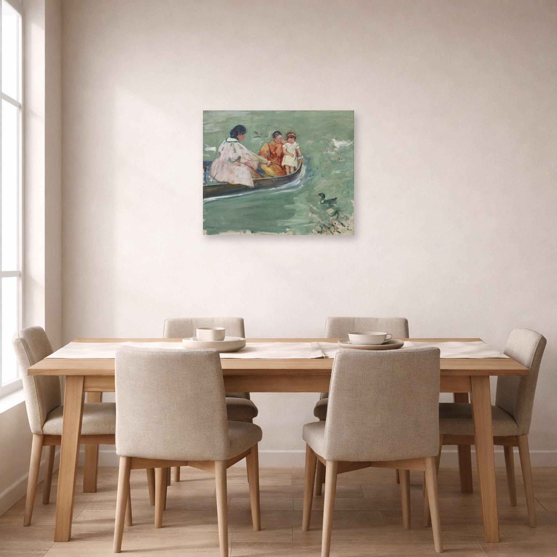 Unframed poster print of Mary Cassatt's On the Water (Feeding The Ducks) displayed on a wall in a dining room