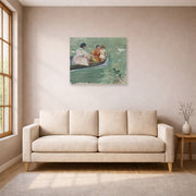 Unframed poster print of Mary Cassatt's On the Water (Feeding The Ducks) displayed on a wall in a living room