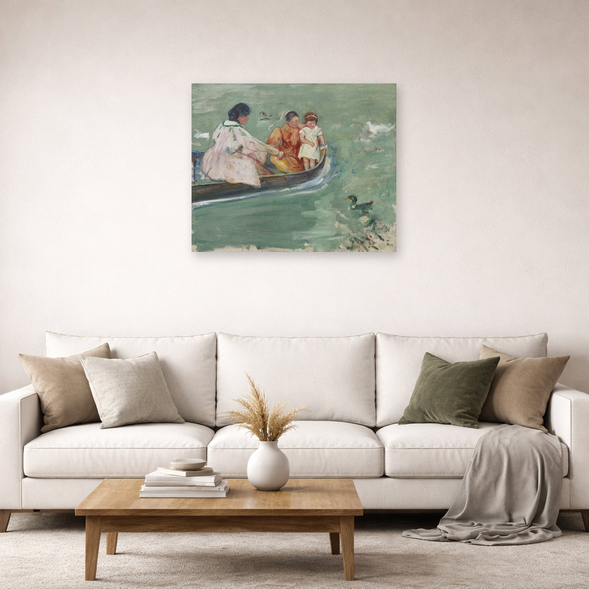 Unframed poster print of Mary Cassatt's On the Water (Feeding The Ducks) displayed on a wall in a living room