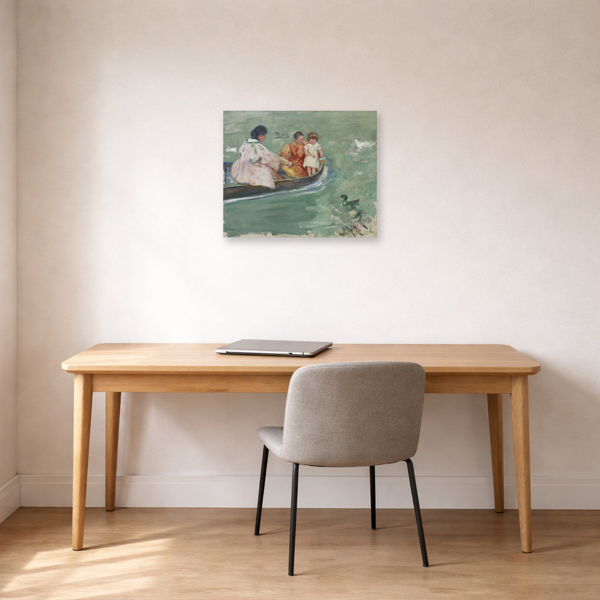 Unframed poster print of Mary Cassatt's On the Water (Feeding The Ducks) displayed on a wall in a office