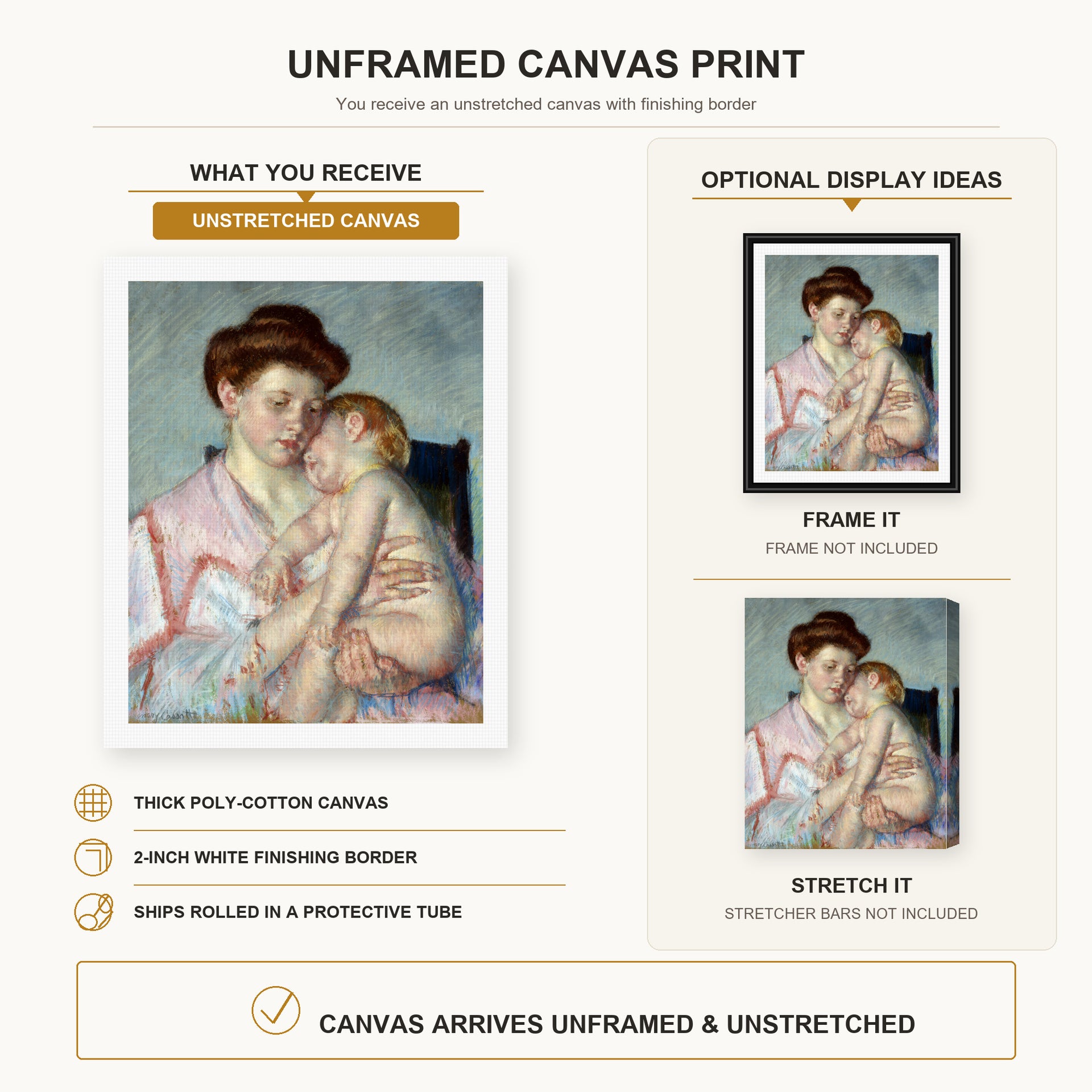 Mary Cassatt - Sleepy Baby canvas print size comparison and framing display infographic
