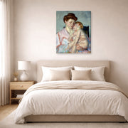 Gallery-wrapped canvas print of Mary Cassatt's Sleepy Baby displayed on a wall in a bedroom