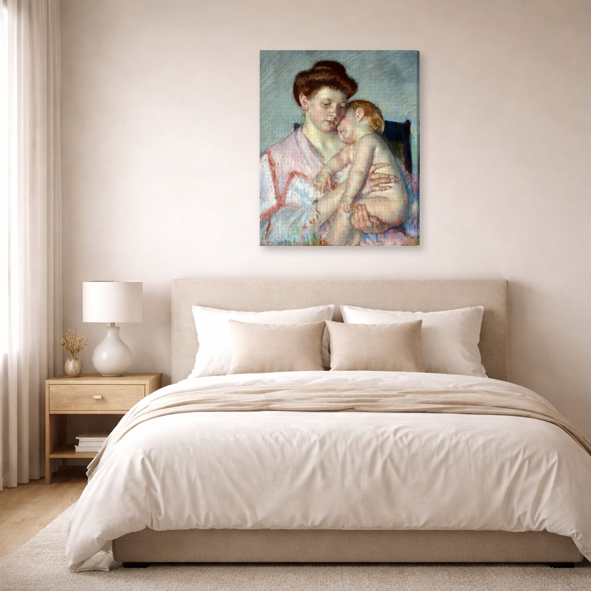 Gallery-wrapped canvas print of Mary Cassatt's Sleepy Baby displayed on a wall in a bedroom