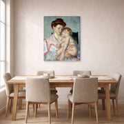Gallery-wrapped canvas print of Mary Cassatt's Sleepy Baby displayed on a wall in a dining room