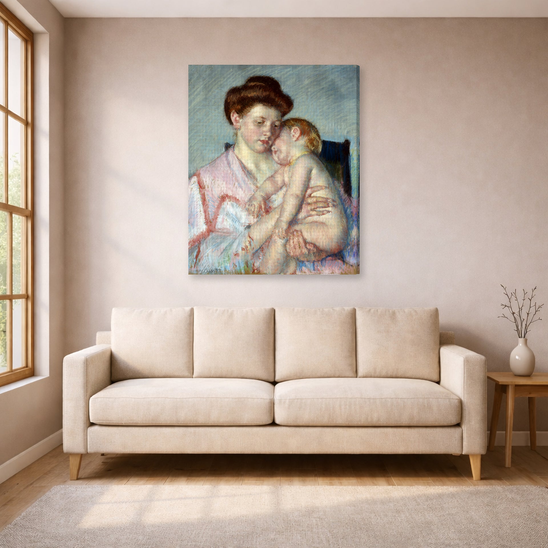 Gallery-wrapped canvas print of Mary Cassatt's Sleepy Baby displayed on a wall in a living room