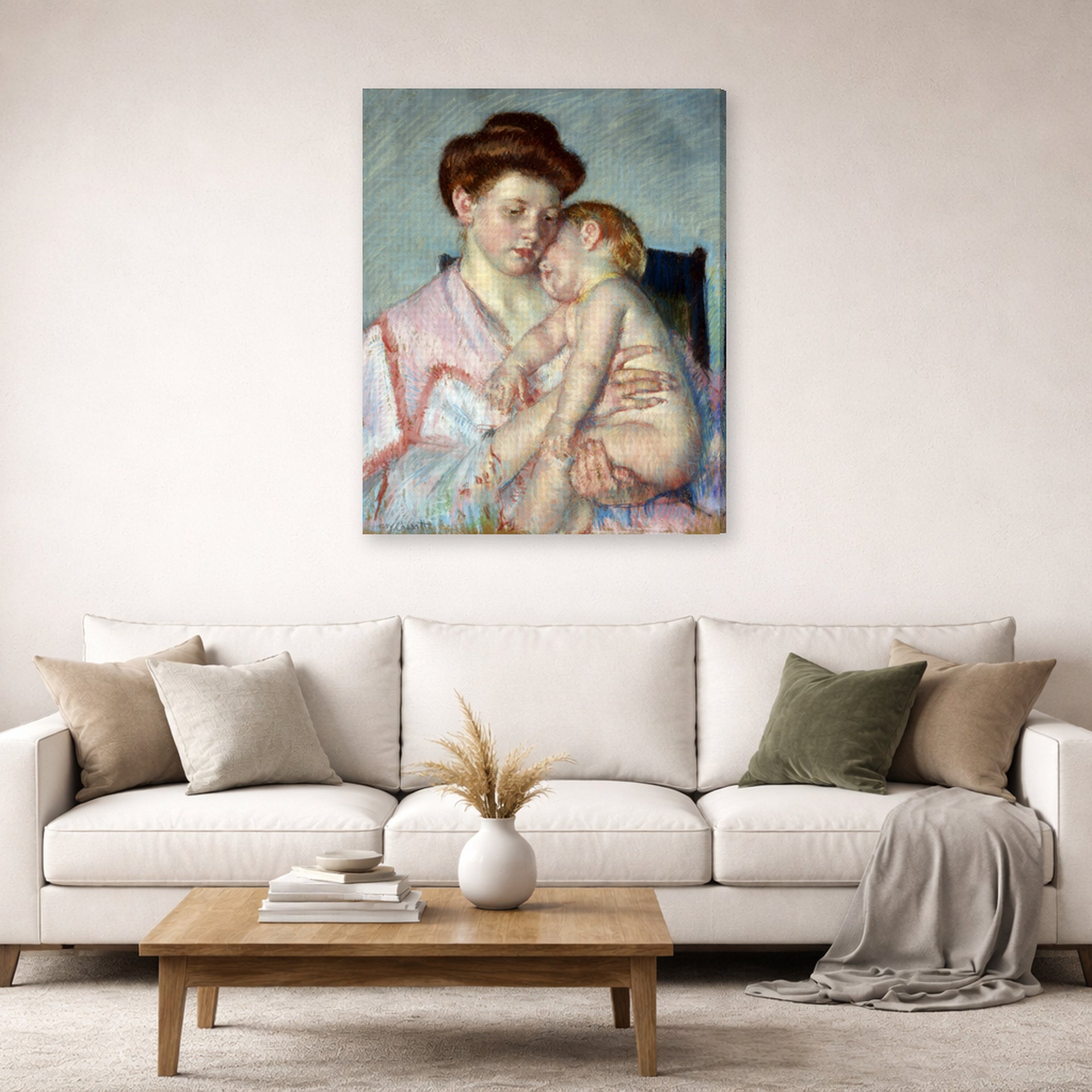 Gallery-wrapped canvas print of Mary Cassatt's Sleepy Baby displayed on a wall in a living room