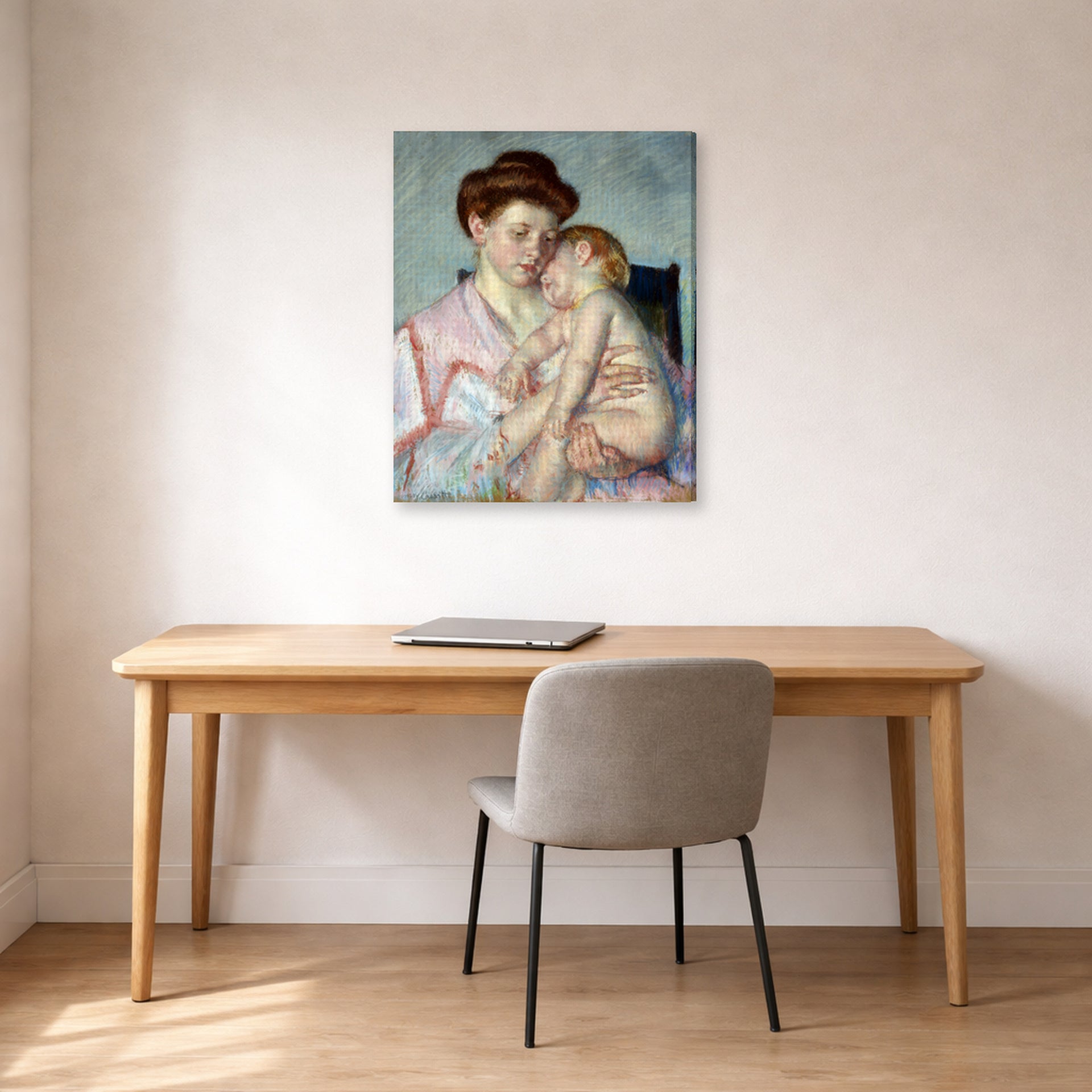 Gallery-wrapped canvas print of Mary Cassatt's Sleepy Baby displayed on a wall in a office