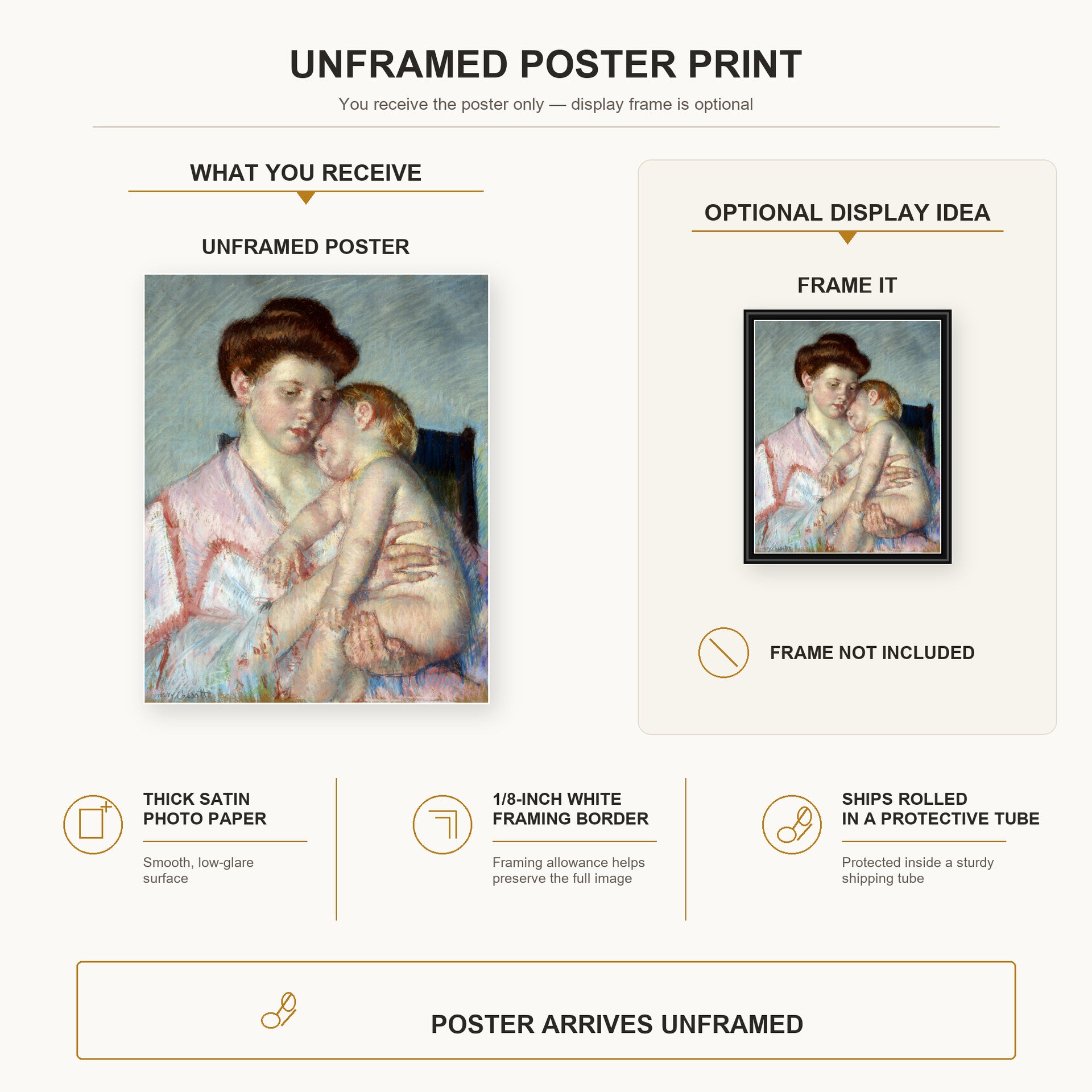 Mary Cassatt - Sleepy Baby poster print size comparison and framing display infographic