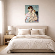 Unframed poster print of Mary Cassatt's Sleepy Baby displayed on a wall in a bedroom