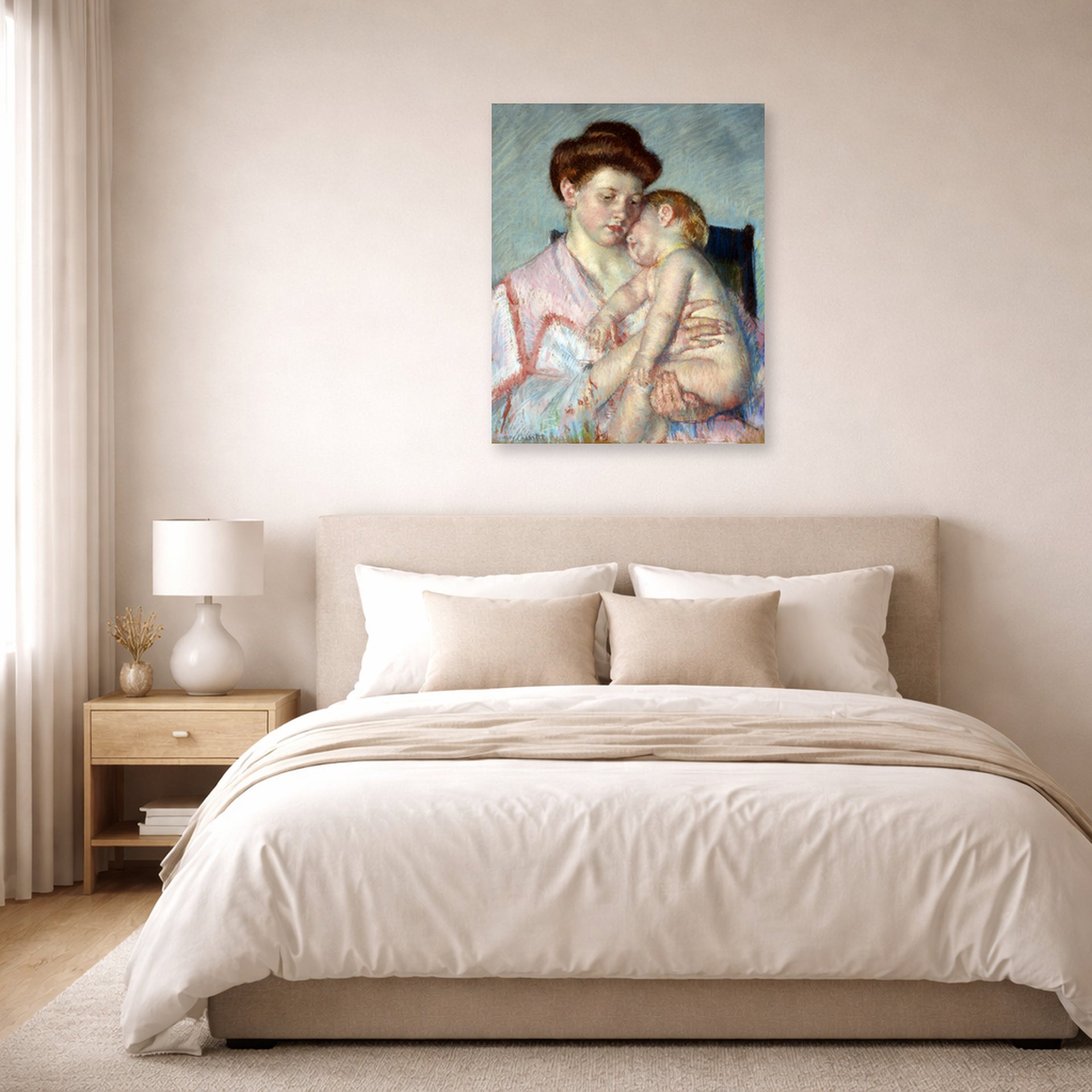 Unframed poster print of Mary Cassatt's Sleepy Baby displayed on a wall in a bedroom
