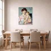 Unframed poster print of Mary Cassatt's Sleepy Baby displayed on a wall in a dining room