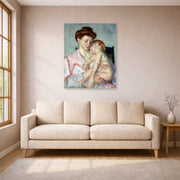 Unframed poster print of Mary Cassatt's Sleepy Baby displayed on a wall in a living room
