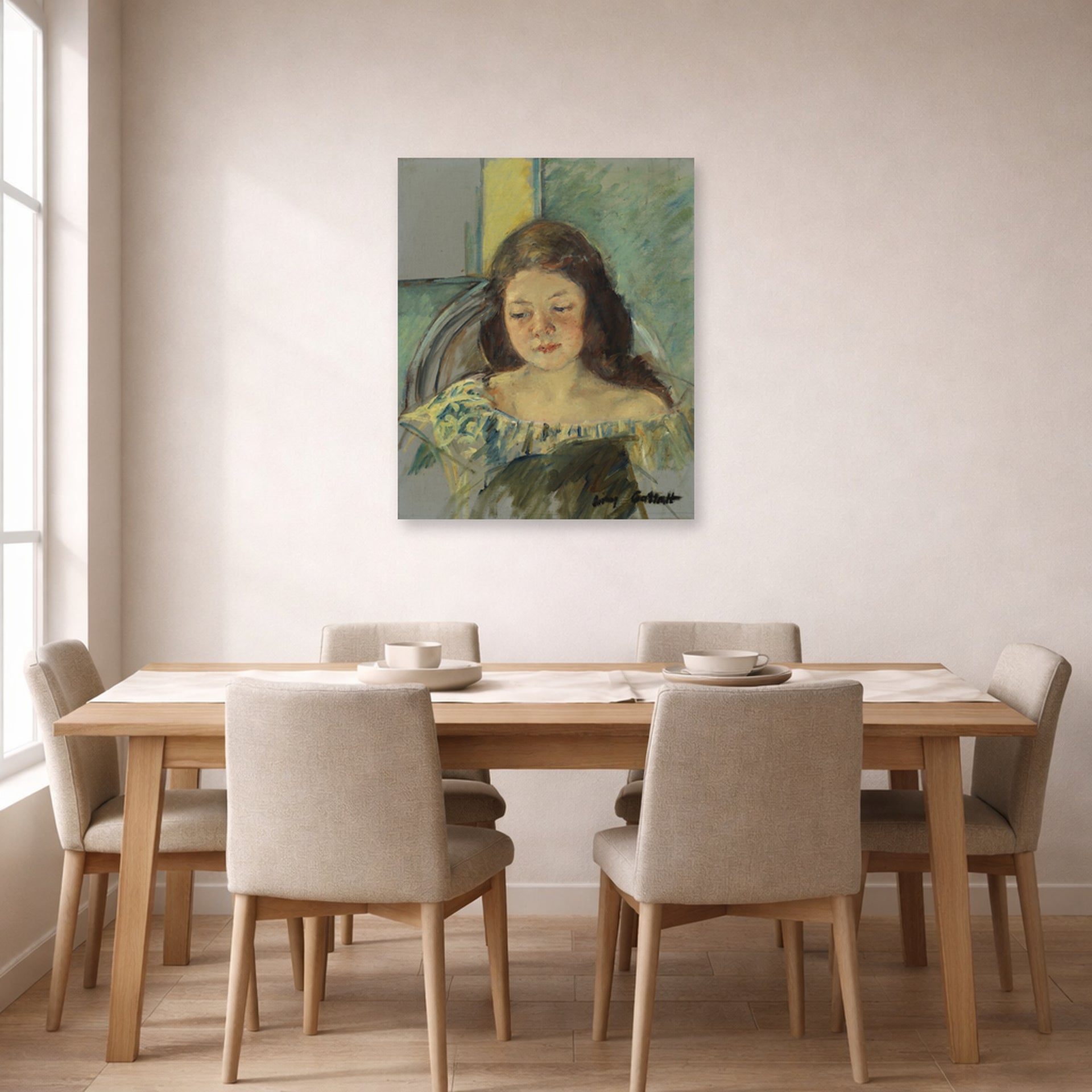 Unframed poster print of Mary Cassatt's Study for Françoise in a Round Backed displayed on a wall in a dining room